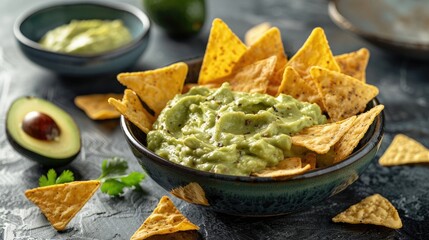 A bowl of creamy avocado dip with tortilla chips.