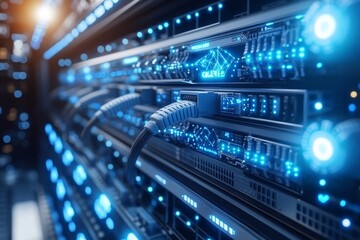 Fototapeta premium Digital server room with multiple racks of illuminated servers symbolizing high performance data processing secure communication and advanced IT infrastructure in modern environments