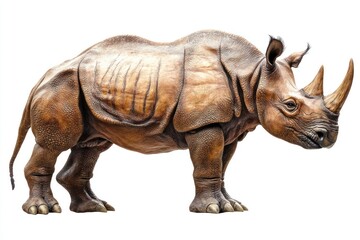 Fototapeta premium A prehistoric rhinoceros-like animal, isolated on white, focus on its thick skin and horns