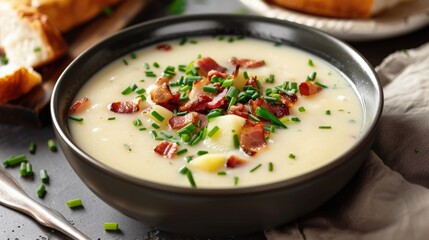 A bowl of creamy potato soup with bacon and chives.