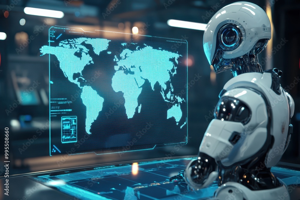 Aufkleber a futuristic robot interacts with a holographic world map in a high-tech environment.