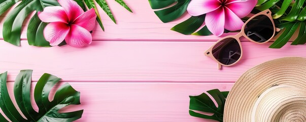 Pink and green tropical leaves, sunglasses and a straw hat lay on a pink wooden background. This summer vacation image could be used for a beach theme, travel brochure or summer fashion advertisement.