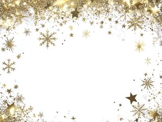 Obraz premium 2408 16.A festive frame made of glittering gold stars and snowflakes on a transparent background, ideal for holiday banners and winter celebrations. The shimmering details create a luxurious confetti