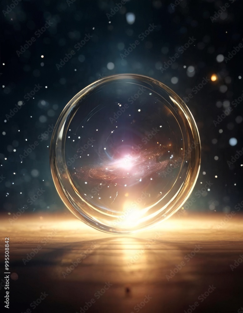 Poster a glowing glass orb on a surface surrounded by floating particles, reflecting a captivating cosmic l