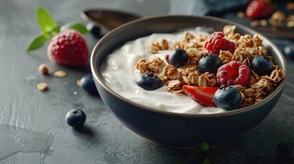 A bowl of creamy yogurt with granola and fresh berries.