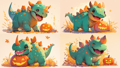Naklejka premium Halloween Day, Halloween Pumpkins, Halloween Dinosaurs