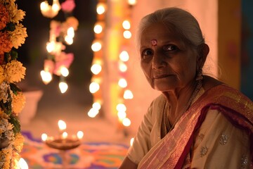 Fototapeta premium Portrait of Elderly Woman in Traditional Indian Attire with Festive Lights Background