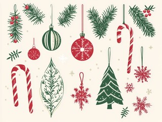 2408 24.A Christmas-themed vector poster set featuring ornaments, candy canes, and snowflakes arranged in a festive design. The elegant layout is perfect for seasonal greeting cards, holiday