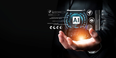 Human interact with AI artificial intelligence brain processor in concept of AI artificial intelligence engineering, big data and AI machine learning to use generative AI for business support. Faas