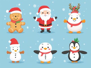 2408 26.A festive vector banner set featuring a cute collection of Christmas characters including Santa Claus, a smiling gingerbread man, a jolly snowman, a playful reindeer, a cheerful penguin, and