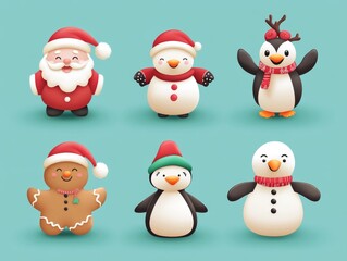 2408 26.A festive vector banner set featuring a cute collection of Christmas characters including Santa Claus, a smiling gingerbread man, a jolly snowman, a playful reindeer, a cheerful penguin, and