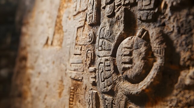 Detailed and ornate stone carving of the sun god Kinich Ahau radiating powerful light and divine energy  This ancient artifact showcases the intricate and spiritual symbolism of Mesoamerican culture
