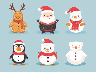 2408 28.A charming collection of Christmas characters in vector style, featuring a joyful Santa Claus, a smiling gingerbread man, a snowman with a carrot nose, a reindeer with twinkling eyes, a