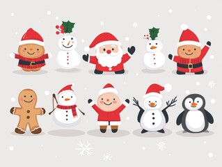 2408 29.A vector illustration of Christmas characters, including a cheerful Santa Claus, a gingerbread man with a smile, a snowman holding a broom, a reindeer with a red nose, a penguin waving, and a