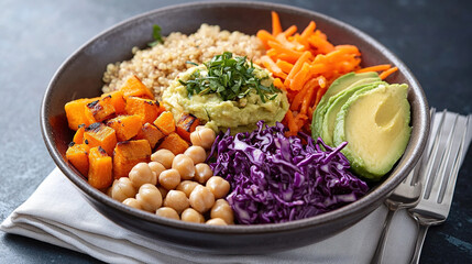 A vibrant and colorful plant-based bowl. World Vegetarian Day. Healthy eating. Fresh organic vegetables. Colorful assortment of vegetables. Vibrant salad bowl. Healthy vegan bowl. Vegan meal. Protein