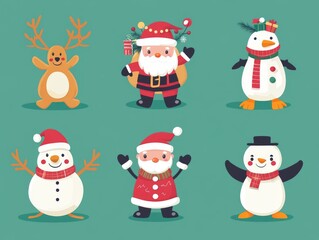 2408 30.A festive vector set showcasing a collection of Christmas characters, with Santa Claus carrying a sack of presents, a gingerbread man with a big smile, a snowman adorned with buttons, a