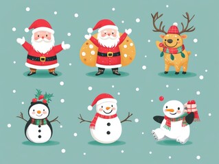 2408 30.A festive vector set showcasing a collection of Christmas characters, with Santa Claus carrying a sack of presents, a gingerbread man with a big smile, a snowman adorned with buttons, a