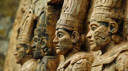 Detailed view of an intricately carved temple relief showcasing warriors adorned in elaborate headdresses and ceremonial attire