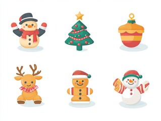 2408 33.A Christmas-themed vector icon set with various festive elements, including Santa Claus, a smiling reindeer, a snowman with a top hat, a golden bell, a shining snowflake, candy canes,