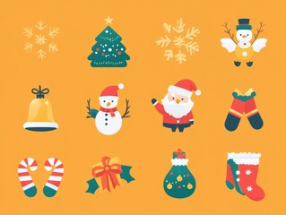2408 33.A Christmas-themed vector icon set with various festive elements, including Santa Claus, a smiling reindeer, a snowman with a top hat, a golden bell, a shining snowflake, candy canes,