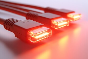 Glowing red Ethernet cables connected to a network representing high speed data transfer secure communication and modern digital infrastructure in a tech driven environment