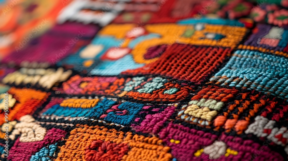 Poster exquisite close up of a richly woven textile showcasing the vibrant colors intricate patterns and sy