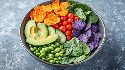 A vibrant and colorful plant-based bowl. World Vegetarian Day. Healthy eating. Fresh organic vegetables. Colorful assortment of vegetables. Vibrant salad bowl. Healthy vegan bowl. Vegan meal. Protein