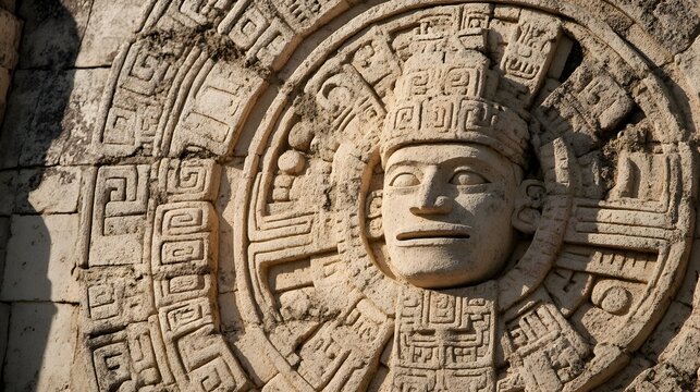 Intricate and Detailed Stone Carving Depicting the Powerful Sun God Kinich Ahau Showcasing the Rich Cultural Heritage and Spiritual Beliefs of the Mesoamerican Civilizations
