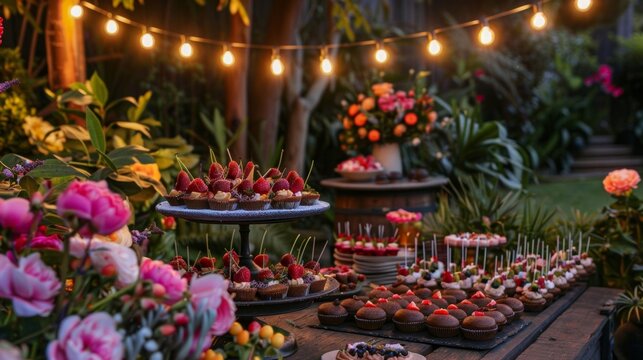 Delightful garden party with chocolate desserts and soft lighting. Sweet treats attract guests among vibrant flowers.