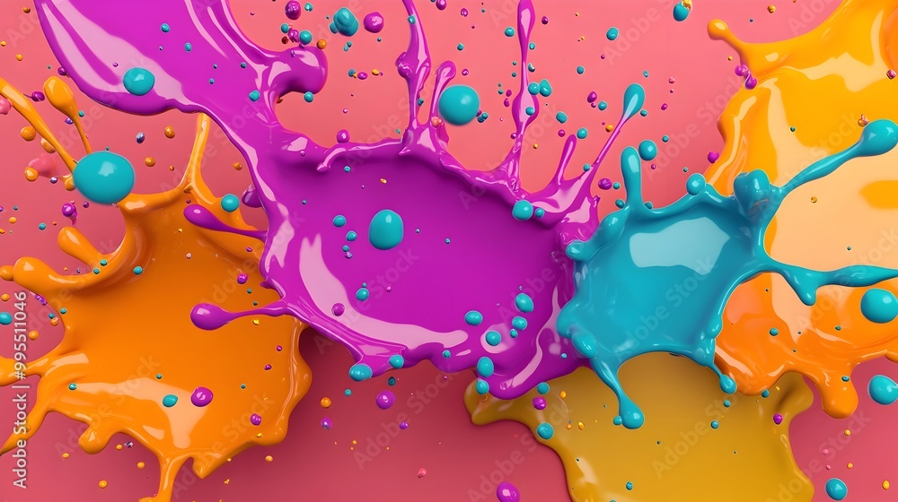 Poster Mesmerizing 3D showcasing a dynamic fluid motion of vibrant color splashes and abstract geometric patterns creating a captivating and visually striking digital artwork
