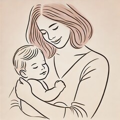 Mother and Baby Illustration   Line Art  Family  Love  Care  Parenting  Child  Mom  Newbor