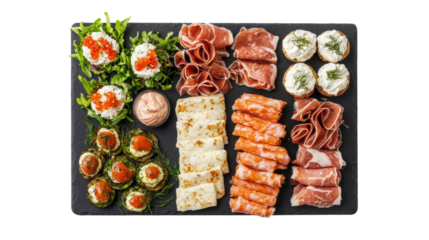 Charcuterie board featuring assorted appetizers including cured meats, cheese, shrimp rolls, and cream-filled pastries. Ideal for gatherings or parties. Isolated on transparent background, png.