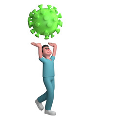 3D Illustration of Professional Male Nurse. A male nurse is seen standing while raising both of his hands up and above him is a representation of a virus, as if he is about to be hit by the represent