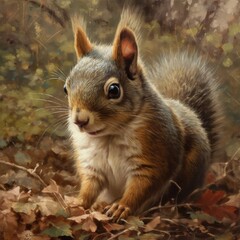 Fototapeta premium A detailed illustration of a squirrel among autumn leaves.