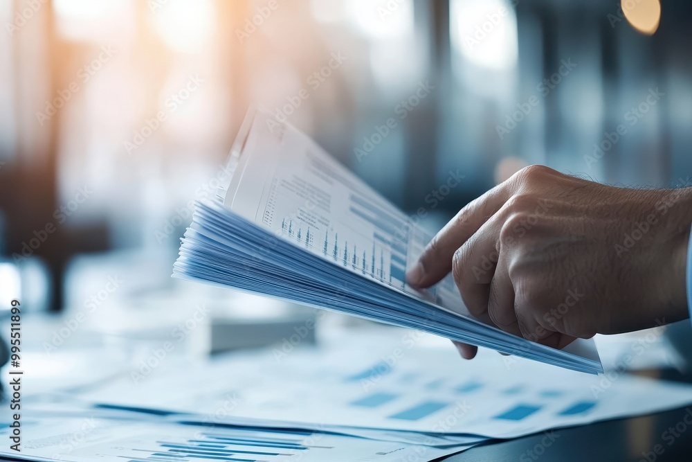 Aufkleber a hand flipping through documents with graphs and data on a desk, indicating analysis.