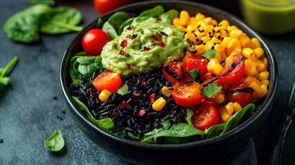 A vibrant and colorful plant-based bowl. World Vegetarian Day. Healthy eating. Fresh organic vegetables. Colorful assortment of vegetables. Vibrant salad bowl. Healthy vegan bowl. Vegan meal. Protein