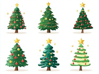 Fototapeta premium 2408 49.A set of Christmas tree designs against a white background, featuring different styles from a fully decorated tree with lights and ornaments to a more modern, minimalist tree with just a star