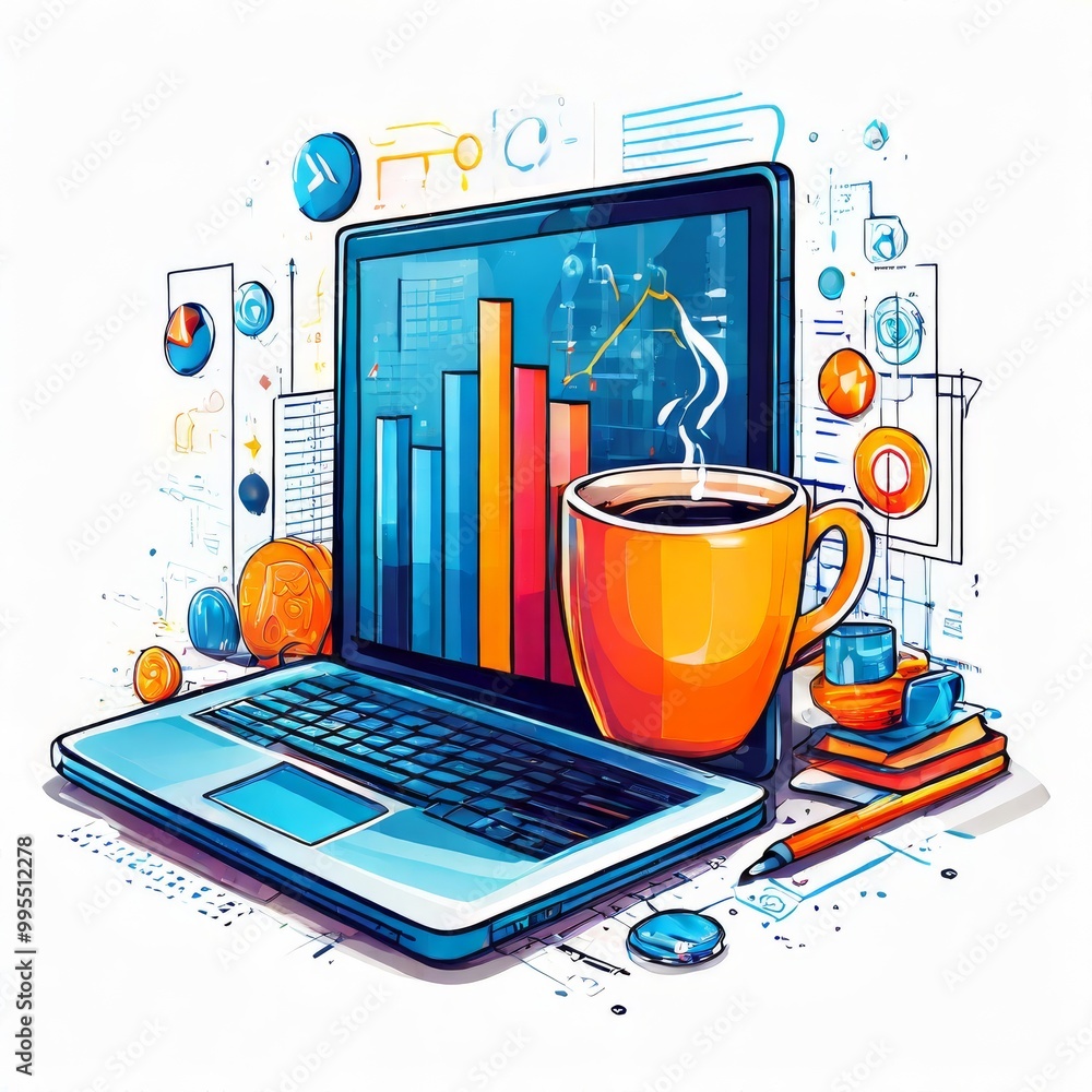 Poster vibrant illustration featuring a laptop displaying business analytics graphs and a steaming cup of c