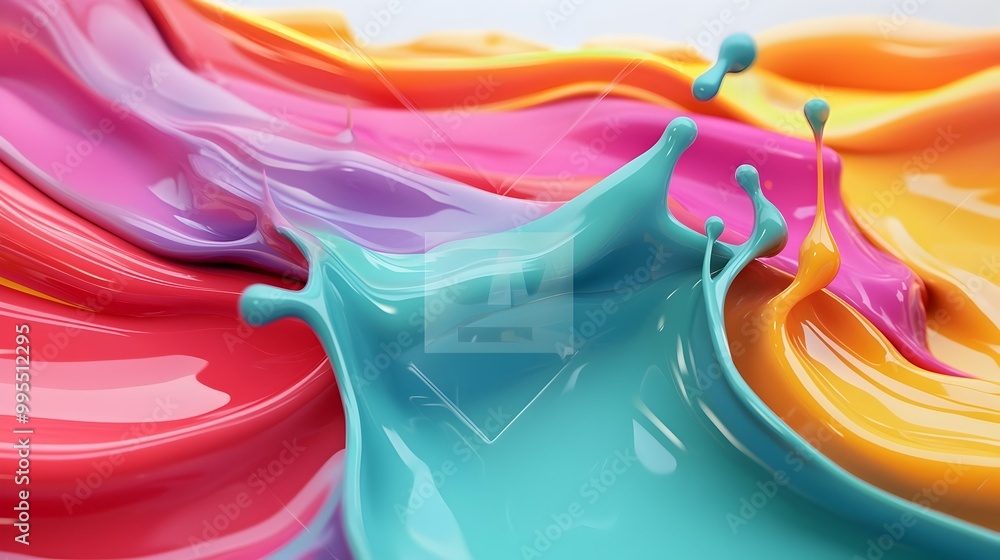 Aufkleber Vibrant Fluid Motion Abstract 3D with Bright Colorful Splashes  Mesmerizing digital art featuring dynamic abstract shapes flowing curves and an explosion of vivid colors