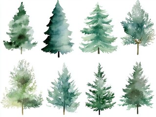 Obraz premium 2408 54.A collection of watercolor Christmas trees in different styles, from tall and slender to short and full, all rendered in soft green tones. The trees are isolated on a white background, with