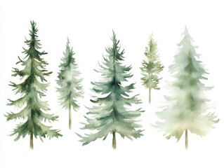 Obraz premium 2408 55.A set of watercolor pine trees, each painted in soft shades of green and set against a clean white background. The trees vary in height and shape, with delicate brush strokes emphasizing
