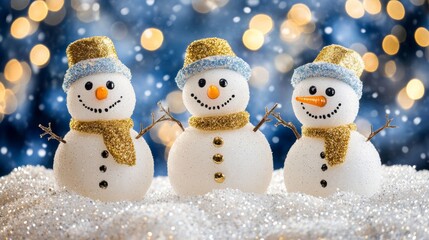 Adorable snowmen, made of fake snow, stand against a sparkly background. There's room for you to add your own message!