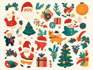 2408 57.A collection of festive stickers in a fun, cartoon style featuring classic holiday characters and items such as Santa Claus, presents, Christmas trees, and cozy winter scenes. The retro