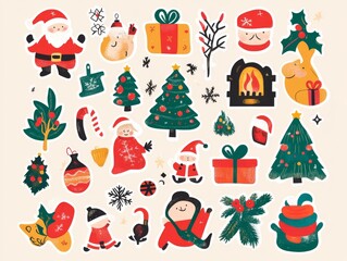 2408 57.A collection of festive stickers in a fun, cartoon style featuring classic holiday characters and items such as Santa Claus, presents, Christmas trees, and cozy winter scenes. The retro