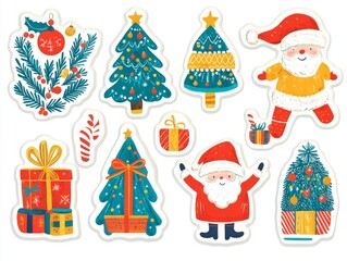 2408 59.A vibrant set of holiday stickers featuring cartoon illustrations of festive elements such as Santa Claus, holiday gifts, a decorated Christmas tree, and cozy winter decor. The retro groovy