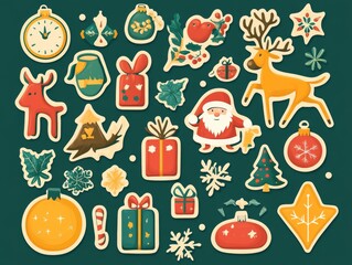 Fototapeta premium 2408 60.A playful collection of Christmas stickers in cartoon style, featuring classic holiday icons like Santa, reindeer, Christmas gifts, and cozy winter elements. The retro groovy design uses bold