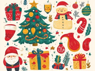 2408 59.A vibrant set of holiday stickers featuring cartoon illustrations of festive elements such as Santa Claus, holiday gifts, a decorated Christmas tree, and cozy winter decor. The retro groovy
