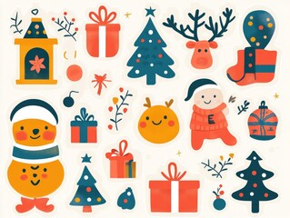 2408 60.A playful collection of Christmas stickers in cartoon style, featuring classic holiday icons like Santa, reindeer, Christmas gifts, and cozy winter elements. The retro groovy design uses bold