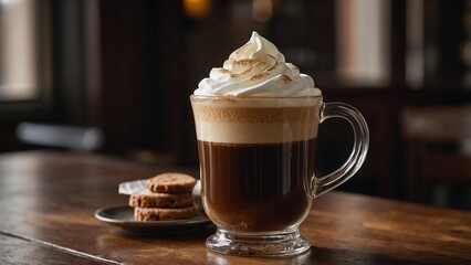 Close-up of a clear glass mug filled with Irish coffee topped with whipped cream and cookies