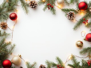 2408 66.A festive flat lay Christmas frame composed of lush spruce branches, shimmering red and gold ornaments, and delicate Christmas decorations arranged on a white background. The composition
